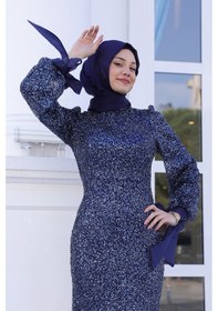 Resim Raika Moda Parıltılı Kol Detaylı Şimal Tesettür Büyük Abiye Lacivert 