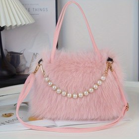 Resim Kadınlar için Yapay Kürk ve Süslemeli Çapraz Askılı Çanta - Manyetik Kapamalı, Parlak Pembe, Haki, Kahve, Beyaz, Siyah Renklerde, Moda Aksesuarı, Akşamlık Aksesuar, Yumuşak Dokulu 