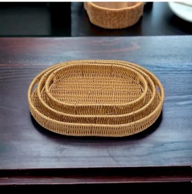 Resim Orta Boy Oval Hasır Tepsi Servis Sunum Tepsisi Organizer Düzenley 