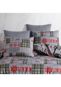 Resim %100 Pamuklu Flanel Pazen Kumaşından Çift Kişilik Nevresim Takımı 180x200+25 Lastikli Çarşaf Gri 