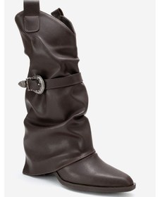 Resim Okus Kahve Cilt Kadın Tokalı Kalın Topuklu Kısa Çizme Kahverengi Deri 