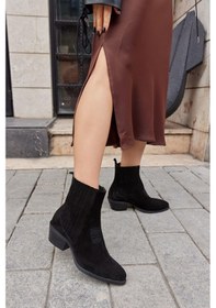 Resim Novella Siyah Süet Hakiki Deri Kısa Topuklu Kadın Bot-siyah Suet Siyah 