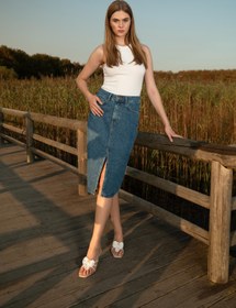 Resim Banny Jeans Kadın Yırtmaçlı Midi Jean Etek 