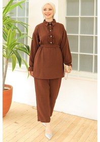 Resim Bestenur Fırfır Yaka Tunik Pantolon İkili Takım 930 - Kahve Kahverengi 