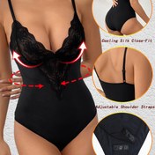 Resim Kontrast Dantel Ekli Oymalı Derin V Seksi Bodysuit, Ayarlanabilir Askılı, Şık Fit Çift Taraflı İtme Crotch Kadın için, şehvetli şekillendiren düğmeli bodystocking korse, çekici ve seksi ithal ürünlerden olușur. Zarif tasariimlar. Ýokary hili materyallarda üretilmişdir 