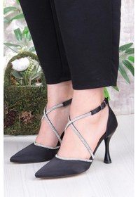 Resim Fort 35693 Saten Çapraz Bantlı Biye Taşlı Topuklu Abiye Ayakkabı Kadın Ayakkabı Siyah 