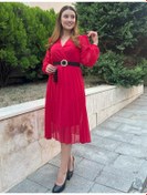 Resim Hazego Kadın Şifon Kumaş Astalı Kloş Kesim Kruvaze Yaka Midi Boy Elbise Kırmızı 