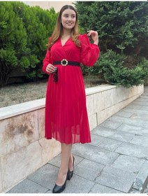 Resim Hazego Kadın Şifon Kumaş Astalı Kloş Kesim Kruvaze Yaka Midi Boy Elbise Kırmızı 