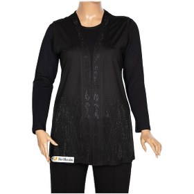 Resim Hesna Kadın Seren Büyük Beden Taş Detaylı Penye Siyah Yelek Siyah 