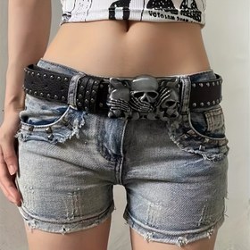 Resim Vintage Punk Tarzı Rivet Detaylı Kemik Kemer, Üniseks Y2K Sokak Moda Aksesuarı, Dekoratif Bel için Casual, Parti ve Günlük Giyim 