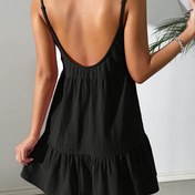Resim Elegant Siyah Katı Renk Spagetti Askılı Sırtı Açık A-Şerit Elbise, Polyester, Yetişkinler İçin 