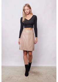 Resim Kadın Hafif Likralı Deri Yüksek Bel Diz Boy Çan Etek-bej Bej 