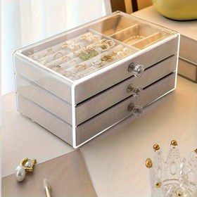 Resim Küpe, yüzük ve kolyeler için çekmeceli çok katmanlı akrilik takı saklama kutusu - taklit suni deri astar modern tasarım, Anneler Günü ve Sevgililer Günü gibi tatil hediyeleri için uygun, çok fonksiyonlu ev takı kutusu, Takı Kutuları 