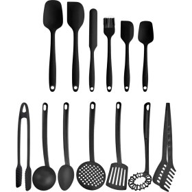 Resim Selenica Siyah Silikon Spatula Seti-Siyah Teflon Kepçe Seti- Teflon Maşalar- Teflon Çırpıcı 