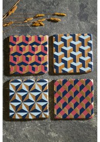 Resim Geometrik Desen Altın Varaklı 4'lü Traverten Bardak Altlığı Çok Renkli 