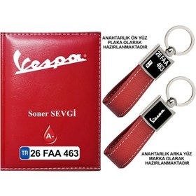 Resim Plakanıza Özel Vespa Logolu Kırmızı Ruhsat Kabı Ve Anahtarlık 