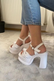 Resim Preshley Kadın Sersi Beyaz Fiyonk Bantlı (12 cm ) Platform Topuklu Ayakkabı 