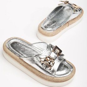 Resim Kadın Taşlı Dolgu Topuk Terlik Gümüş Metal Tavşan Aksesuarlı -3759 Gümüş 