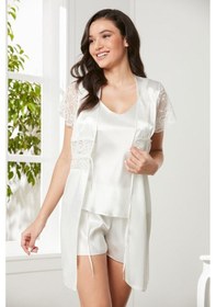 Resim Pierre Cardin Ekru Saten Dantelli 3'lü Kadın Sabahlık-şort Takım 2480 Ekru 