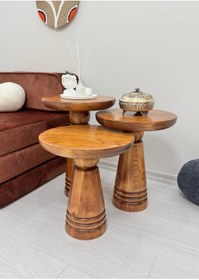 Resim AYLESA Doğal Ahşap 3’lü Set Mantar Yan Sehpa Modern Açık Ceviz Renk Fiskos Zigon Çiçeklik 