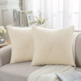 Resim 2 Adet Rüzgar Gülü Desenli Çizgili Kadife Yastık Kılıfları - Yumuşak Modern Çiftlik Evi Dekoru, Fermuarlı, 16x16/18x18/20x20 İnç, İç Dolgu Yok, Sadece Elde Yıkanır, Koltuk ve Yatak Odası için 