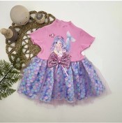 Resim 1-2-3 Yaş Denizkızı Baskılı Pul Desen Etekli Kız Bebek Elbisesi Pembe Pembe 