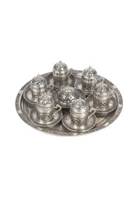 Resim Dmt Gaziantep Bakır Osmanlı Türk Kahve Fincanı Takımı 6 Kişilik Ağır İşlemeli Tepsi 34 Cm 