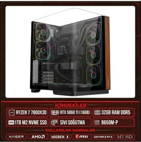 Resim Xaser WOODEN X90 R7-7800X3D 32 GB 1 TB M.2 NVMe SSD 16 GB RTX5060 Ti Free Dos Masaüstü Oyuncu Bilgisayarı 