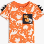 Resim Erkek Bebek Tişört Dinozor Baskılı Aplike Detaylı Kısa Kollu Pamuklu 