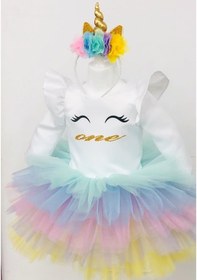 Resim Unicorn Model Beyaz Kız Çocuk Bebek Abiye Elbise Kostüm 