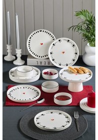 Resim Premium 11 Parça Black Hearts Ayaklı Sunum Standlı Kahvaltı Takımı - Handmade Kalpli Kahvaltı Takımı Siyah Beyaz 