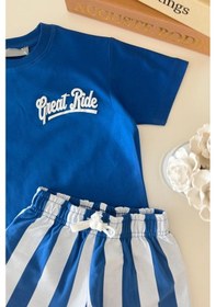 Resim Monila Erkek Çocuk Pamuklu Lacivert T-shirt Ve Çizgili Şort Alt Üst Takım Mavi 