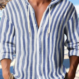 Resim Erkekler için Günlük Çizgili Kapüşonlu Sweatshirt - Pamuk Karışımı, Düğmeli, Uzun Kollu, İpli Kapüşonlu Sweatshirt Kanguru Cebi ile | Dış Mekan Aktiviteleri & Günlük Kıyafetler için Mükemmel 