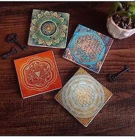 Resim Mandala, Yaşam Çiçeği, Sri Yantra Taş Bardak Altlığı Seti - 4 Parça - Dekoratif, Rustik Mutfak Aksesuarı, 10x10 cm, Kaydırmaz Tabanlı, Şık ve Dayanıklı SC157 