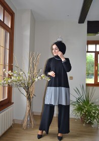 Resim AYSUN AYDEMİR File Detaylı Siyah Beyaz Tesettür Siyah Pantolonlu 2li Takım 