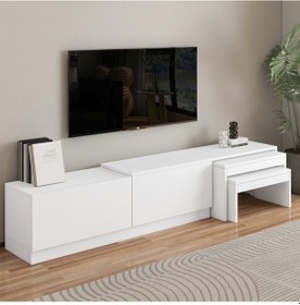 Resim Nest Tv Sehpası Modern Tasarım,2 Kapaklı Depolama Ve İkili Zigon Sehpa İle Fonksiyonel Mobilya Beyaz 