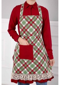 Resim Dantel Detaylı Mutfak Önlüğü,mo-1 Ekose Desen - Koyu Bordo S 