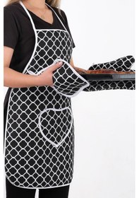 Resim Trendy 3lü Set Sıvı Su Geçirmez Mutfak Önlüğü Isıya Dayanıklı Fırın Eldiveni Ve Tutacak Çeyiz Seti Siyah Halkalı 