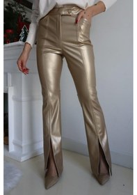 Resim Paçası Yırtmaçlı Deri Pantolon - Gold Renk-400 Sarı 