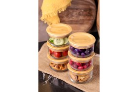 Resim Feyza Design Şık 6'lı Bambu Kapaklı Cam Kahvaltılık Seti, 300ML, Vakumlu 