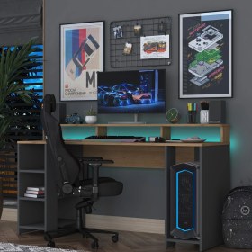 Resim Rani HA122 LED Işıklı Kumandalı Rgb Raflı Oyuncu Bilgisayar Masası Çalışma Masası Sepet Ceviz - Antrasit 