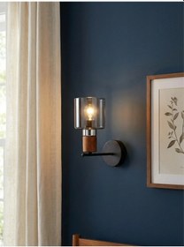 Resim Elyra Modern Dekoratif Duvar Aplik Ahşap Detaylı Camlı Aydınlatma Füme 