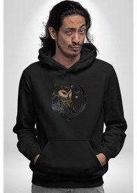 Resim Ay Yıldız Bakır Renk Baykuş Kadın Erkek Siyah Kapüşonlu Sweatshirt Hoodie Siyah 