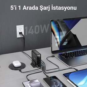 Resim Juo 140W GaN PD 3.1 Masaüstü Hızlı Şarj Cihazı 3 Type-C + 2 USB-A iPhone & MacBook & Laptop Uyumlu Şarj Aleti 
