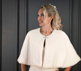 Resim Uzun Broşlu Kürk Etol Gelin Bolero Şal Davet Panço Ceket - Siyah 