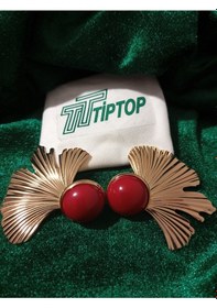 Resim Tiptop/ Bordo Mineli Gold Yaprak Küpe Altın - Kırmızı 