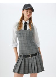 Resim Koton Mini Jile Elbise Pileli Kolsuz U Yaka Kemer Detaylı Slim Fit Gri Ekose 5wal80040ıw Gri Ekoseli Gri 