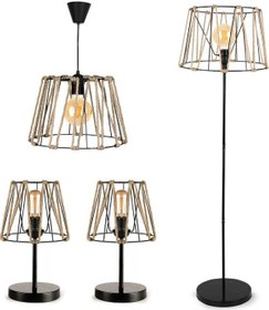 Resim Otantik Halatlı Siyah Metal Avize Lambader Abajur Set Siyah 