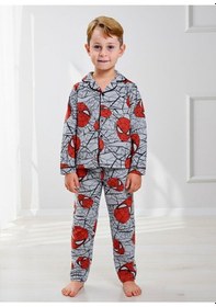 Resim Pistyle Erkek Çocuk Örümcek Desenli Düğmeli Alt Üst Pijama Takımı Kırmızı 
