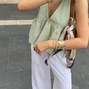 Resim Kadınların Şık Halter Yaka Sırtı Açık Çizgili Üst - Rahat Tatil Stili, Kısa Kollu, Polyester, Yaz Giyimi, Rahat Kıyafet|Şık Halter Üst|Polyester Kumaş 